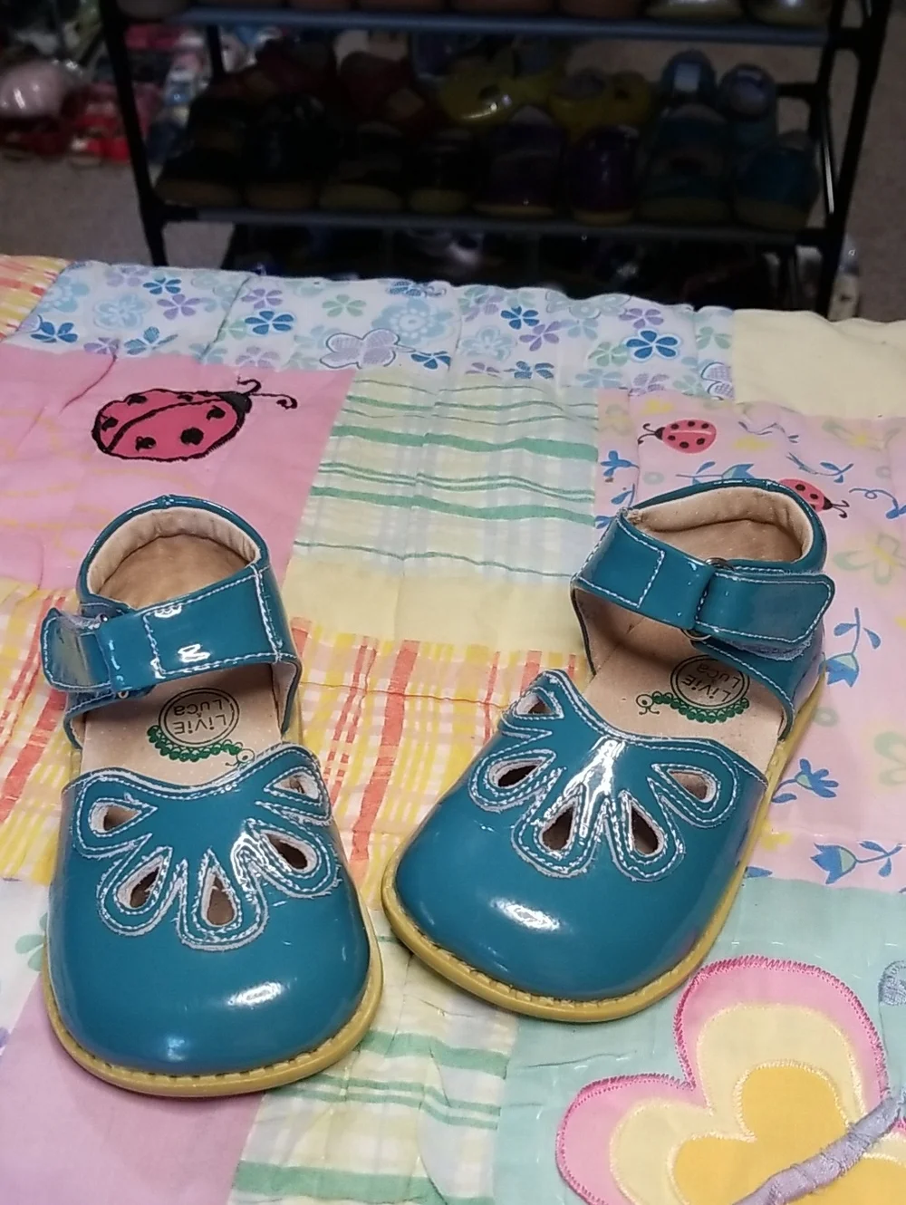 Livie & Luca Teal Mary Janes Size 7 Patent Leather Petals W/HTF Original Straps